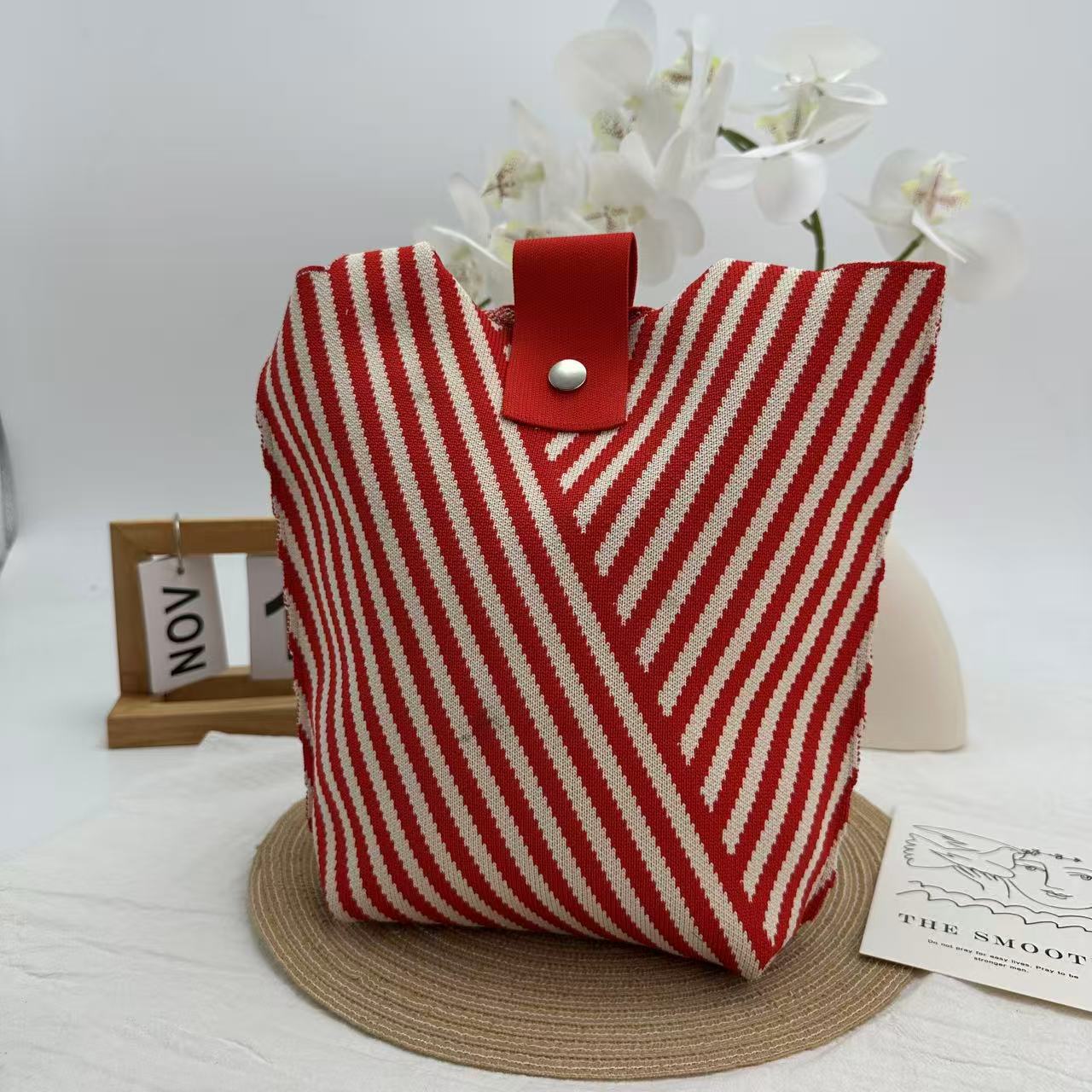 Women's Knitted Tote Bag, Retro Geometric Print Woven Handbag, Reusable Knit Shoulder Bag, Large Capacity Casual Crossbody Bag for Daily Use, Travel, Work