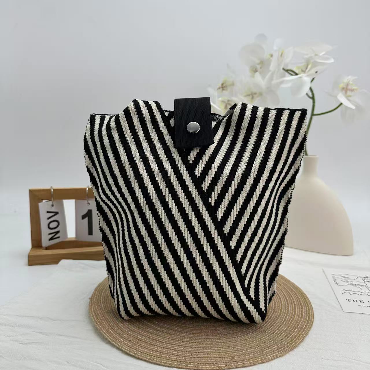 Women's Knitted Tote Bag, Retro Geometric Print Woven Handbag, Reusable Knit Shoulder Bag, Large Capacity Casual Crossbody Bag for Daily Use, Travel, Work